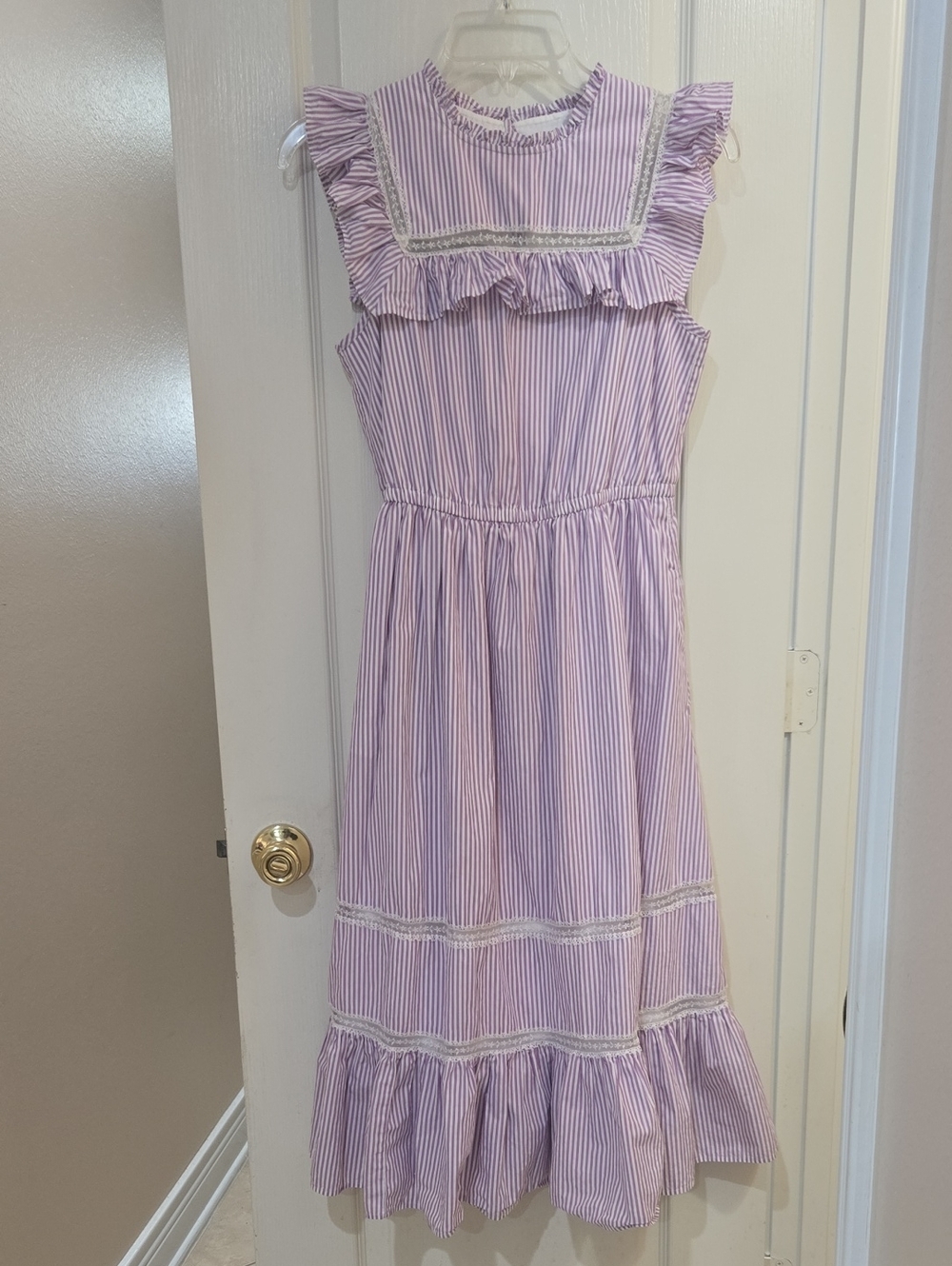 J Crew Tiered Ruffle Dress In Purple Stripes GUC Size XXS